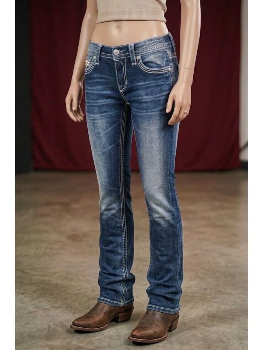 Miss Me Womens Size 30 Straight Leg Jeans Demin Rhinestone Waist 16.5